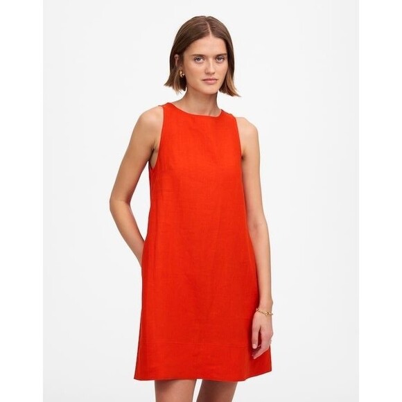 MADEWELL Mini Shift Dress S Linen Bright Flame Red Crew Neck Sleeveless NWT A2 - Picture 1 of 6